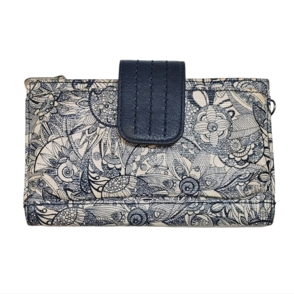 Sakroots Navy Blue Floral Boho Print Snap Button Zip Pocket Foldover Wallet - Picture 2 of 6